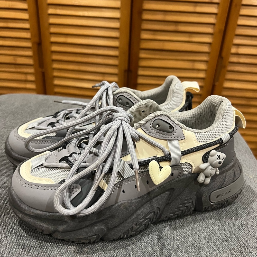 Gray and Cream Chunky Sneakers with Heart Charm